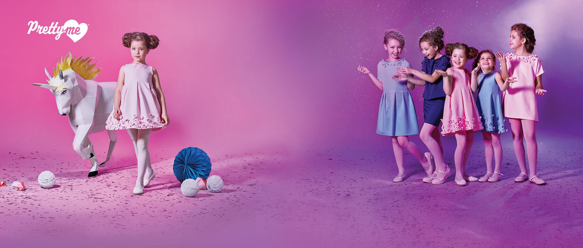 Girls dancing in confetti beside a paper unicorn, Pretty Me brand banner